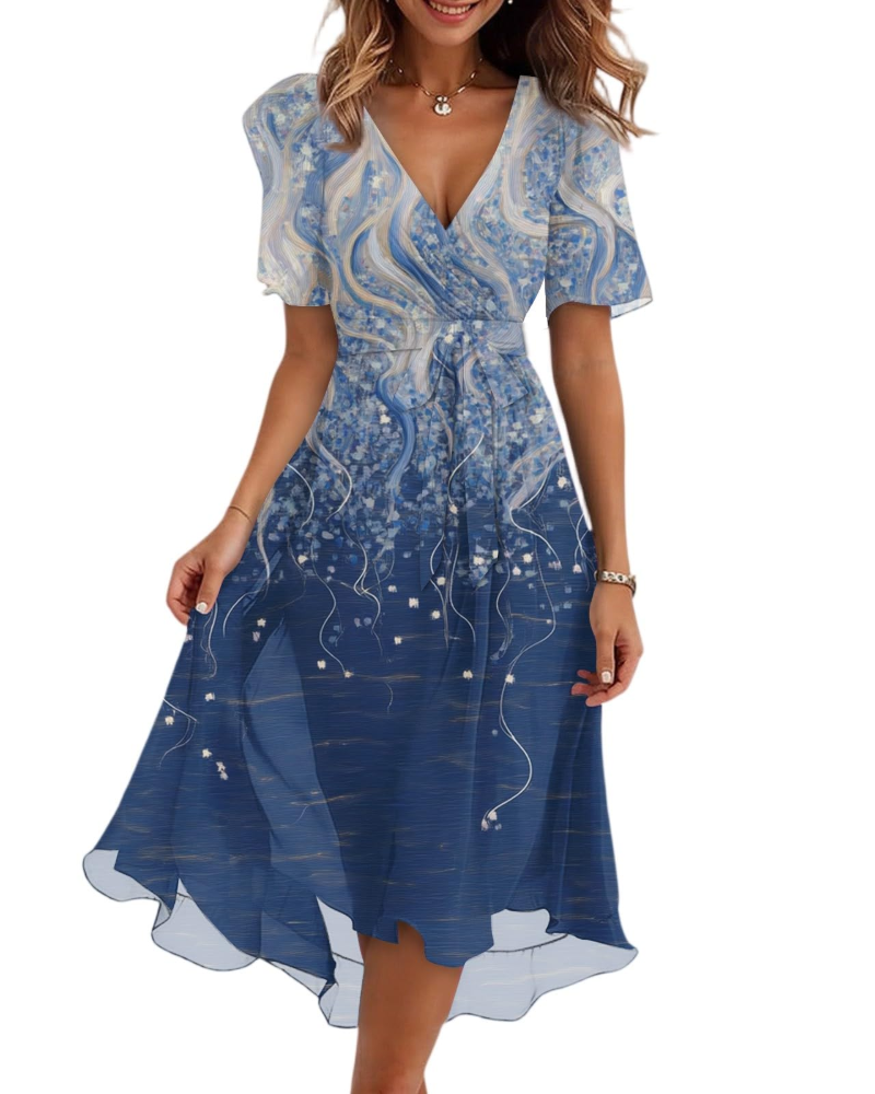 Evelyn Women's Floral Midi Dress – V-Neck Chiffon Wedding Guest Dress with Belt