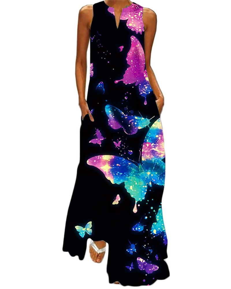 Ruby Women's Butterfly Floral Maxi Dress – Bohemian Sleeveless Summer Dress with Pockets