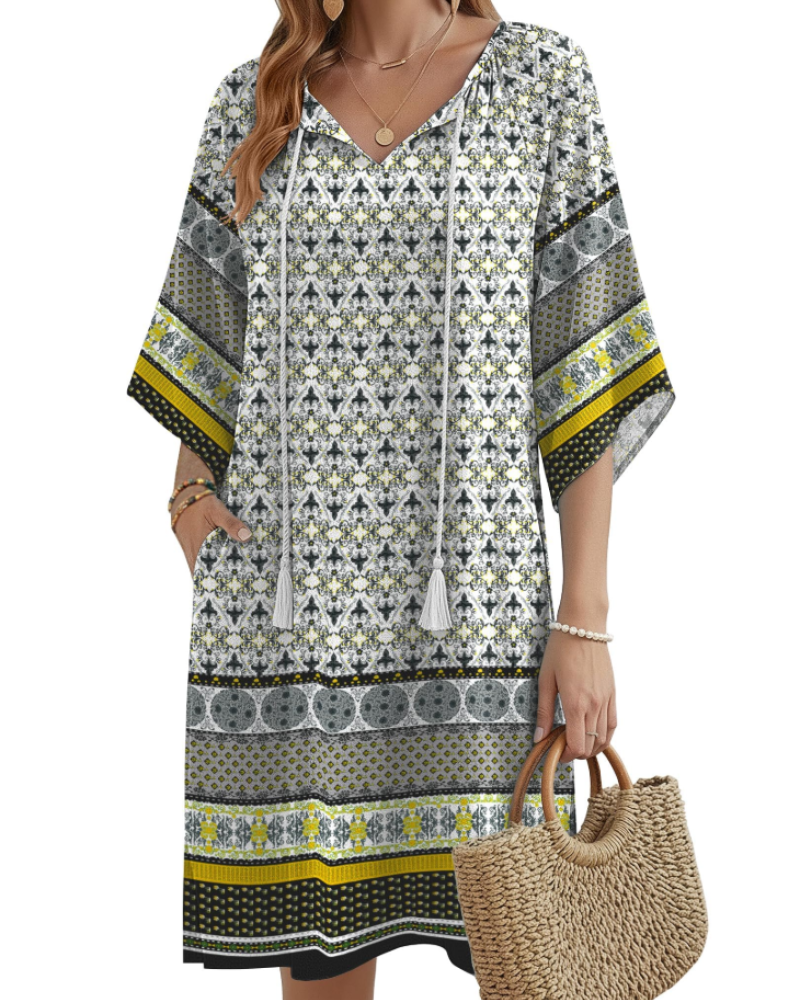 Fiona Women's Boho Tunic Dress – Floral V-Neck Summer Dress with Pockets