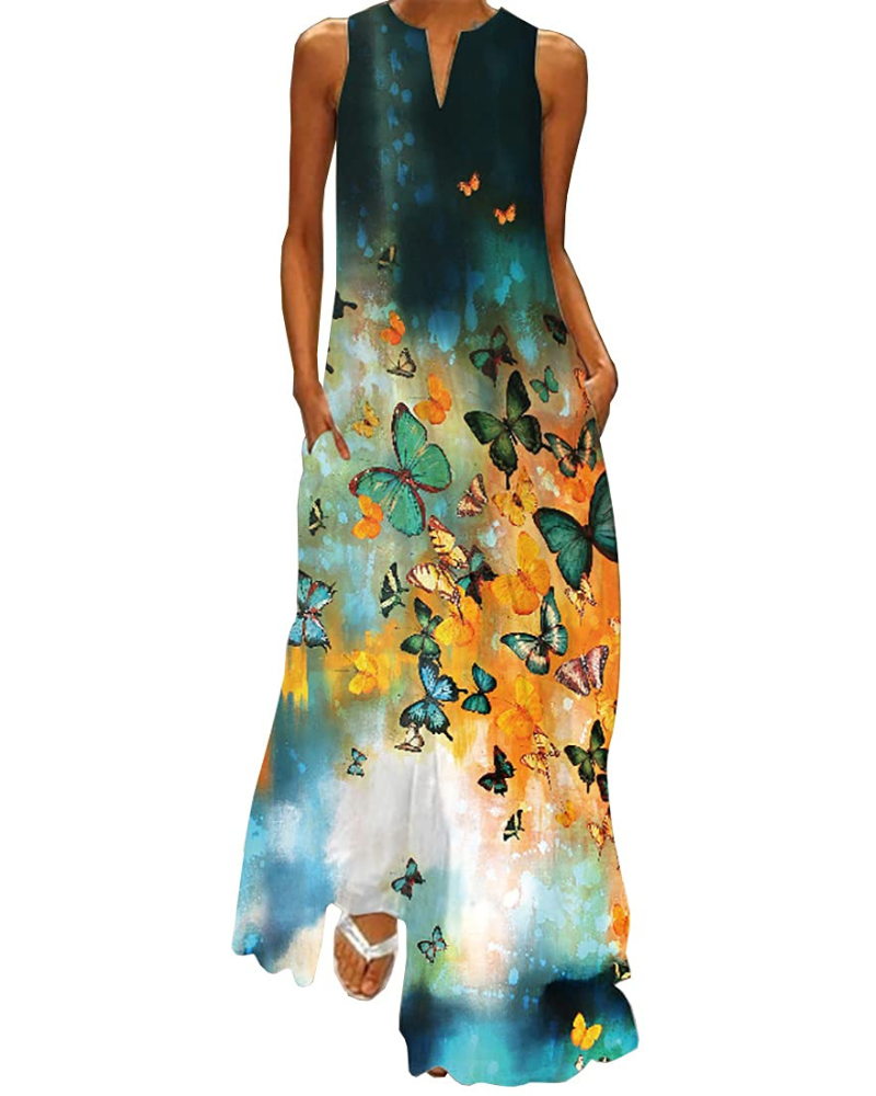 Ruby Women's Butterfly Floral Maxi Dress – Bohemian Sleeveless Summer Dress with Pockets
