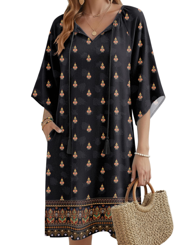 Fiona Women's Boho Tunic Dress – Floral V-Neck Summer Dress with Pockets