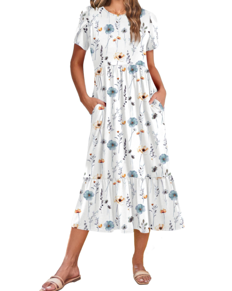 Naomi Women's Floral Midi Dress – Casual Summer A-Line Dress with Pockets