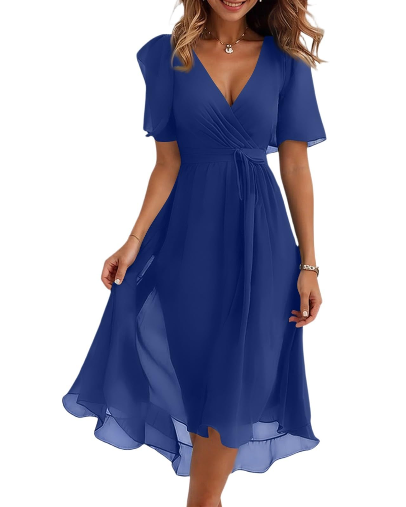 Evelyn Women's Floral Midi Dress – V-Neck Chiffon Wedding Guest Dress with Belt