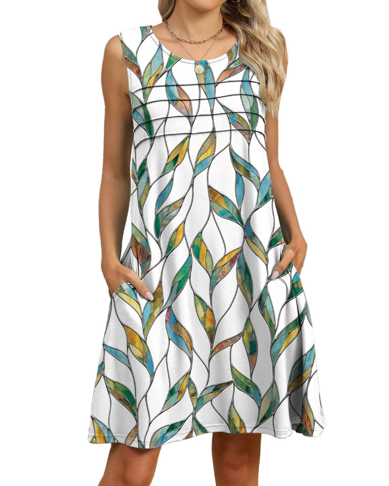 Violet Women's Floral Midi Dress – Sleeveless A-Line Summer Dress with Pockets