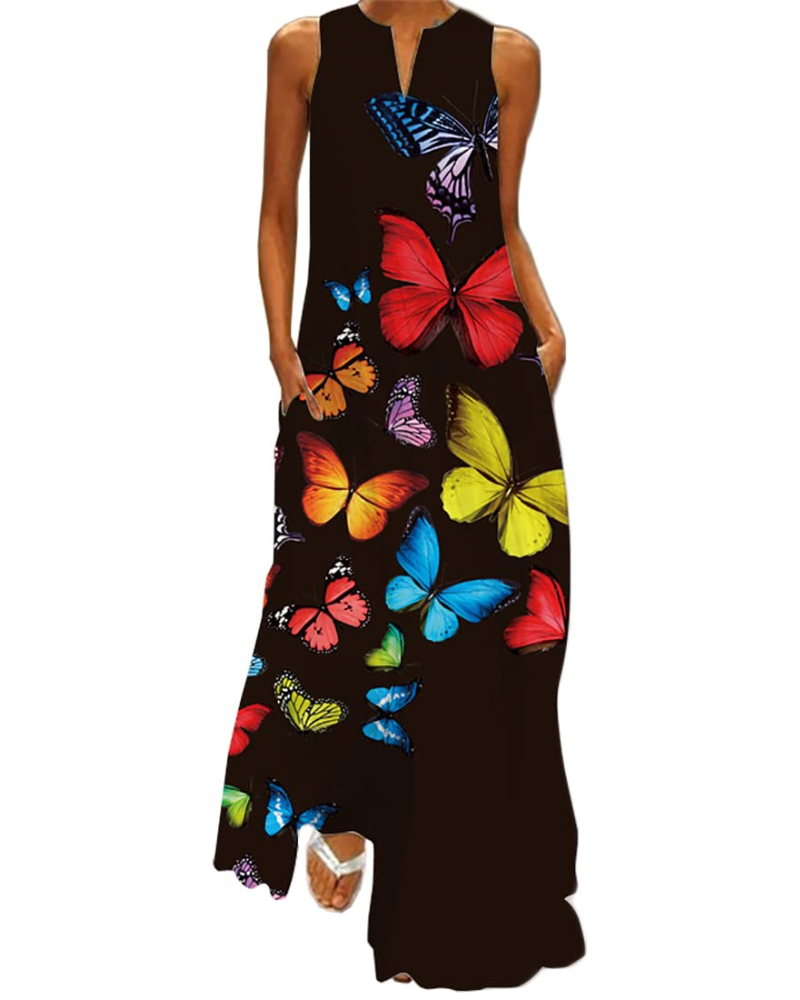 Ruby Women's Butterfly Floral Maxi Dress – Bohemian Sleeveless Summer Dress with Pockets