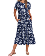 Naomi Women's Floral Midi Dress – Casual Summer A-Line Dress with Pockets