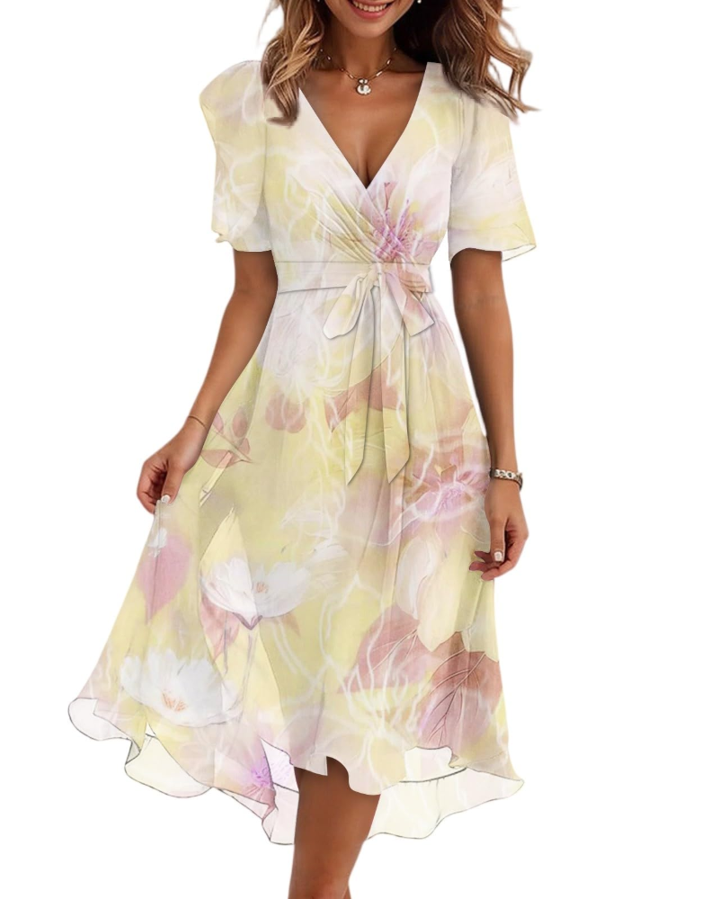 Evelyn Women's Floral Midi Dress – V-Neck Chiffon Wedding Guest Dress with Belt