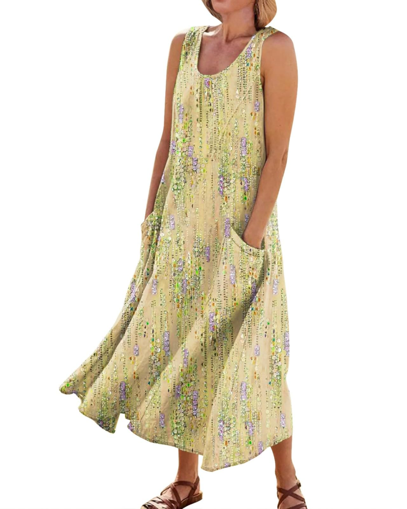 Autumn Women's Bohemian Maxi Dress – Casual Floral Summer Dress with Pockets