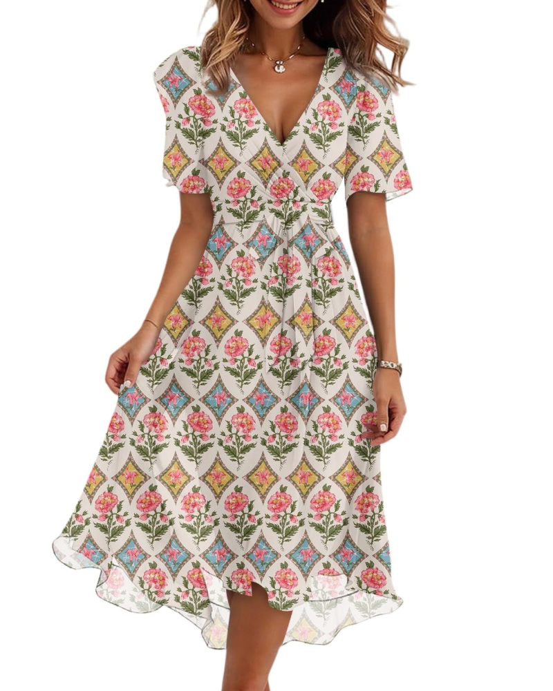 Evelyn Women's Floral Midi Dress – V-Neck Chiffon Wedding Guest Dress with Belt