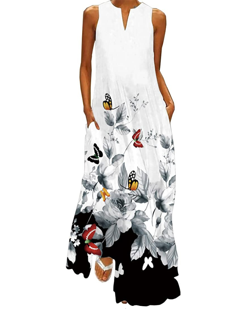 Ruby Women's Butterfly Floral Maxi Dress – Bohemian Sleeveless Summer Dress with Pockets