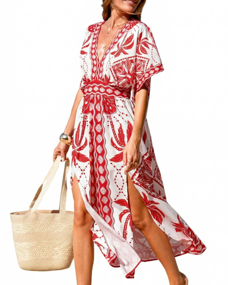 Serena Women's Bohemian Maxi Dress – Floral V-Neck Beach Holiday Dress with Side Slit