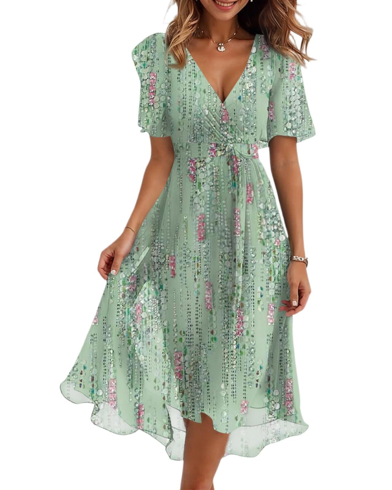 Evelyn Women's Floral Midi Dress – V-Neck Chiffon Wedding Guest Dress with Belt