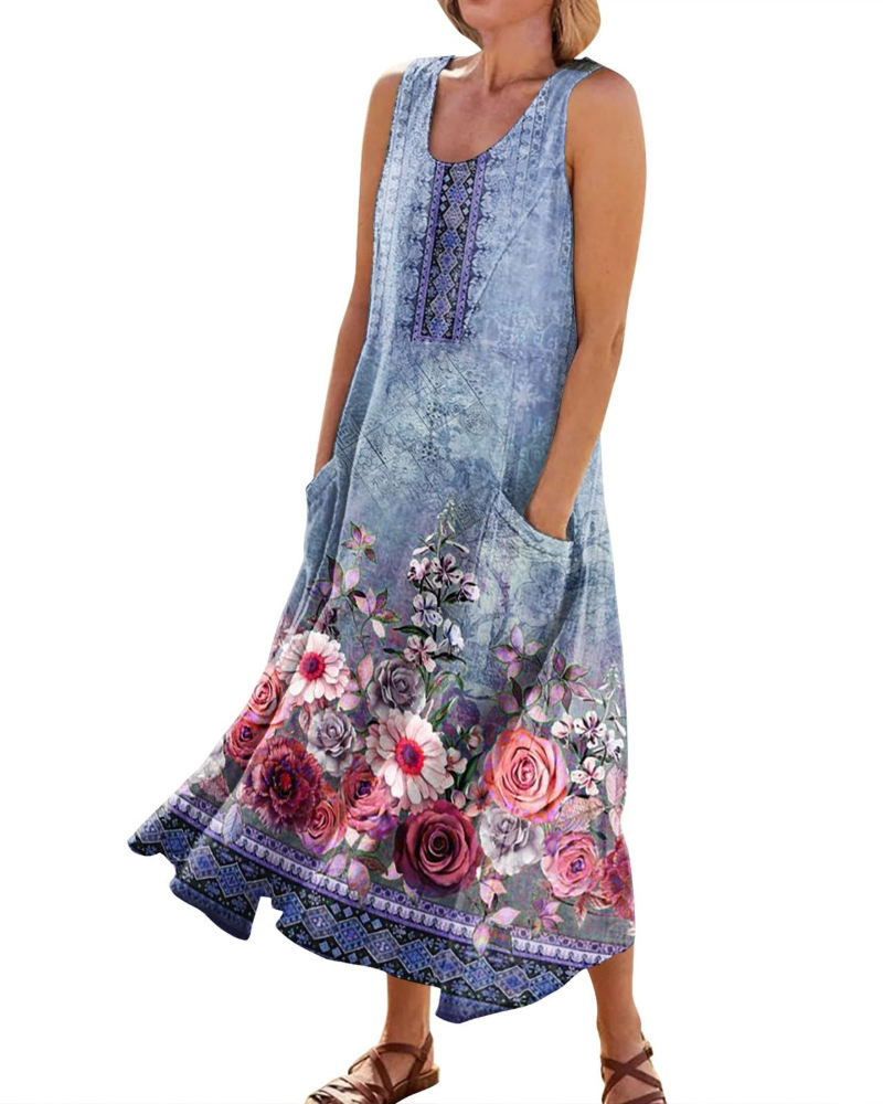 Autumn Women's Bohemian Maxi Dress – Casual Floral Summer Dress with Pockets