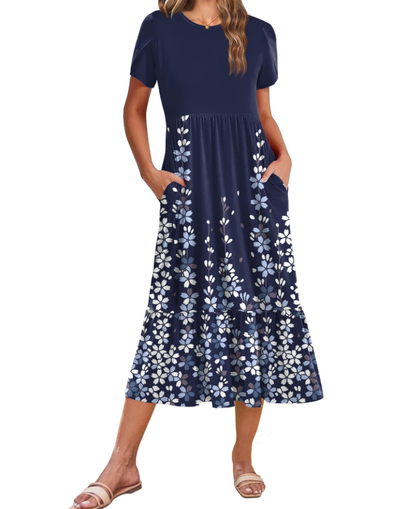 Naomi Women's Floral Midi Dress – Casual Summer A-Line Dress with Pockets