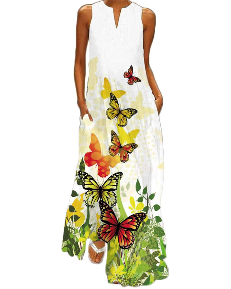Ruby Women's Butterfly Floral Maxi Dress – Bohemian Sleeveless Summer Dress with Pockets