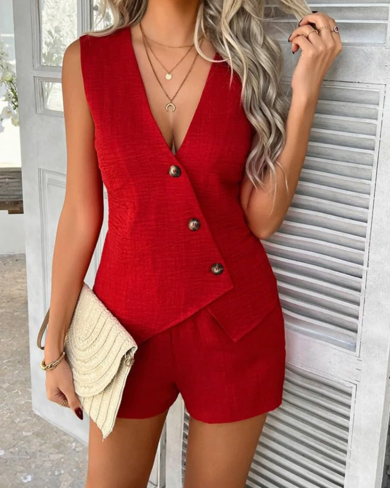 Brielle Women's Two-Piece Lounge Set – V-Neck Asymmetrical Vest & Shorts Summer Outfit