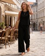 Giana Women's Two-Piece Set – Puff Sleeve Belted Top & Wide Leg Pants