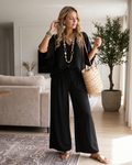 Giada Women's Two-Piece Set – V-Neck Puff Sleeve Top & Wide Leg Pants