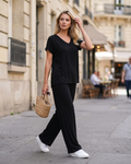 Gail Women's Lounge Set – V-Neck Short Sleeve Top & Wide Leg Pants Two-Piece Set