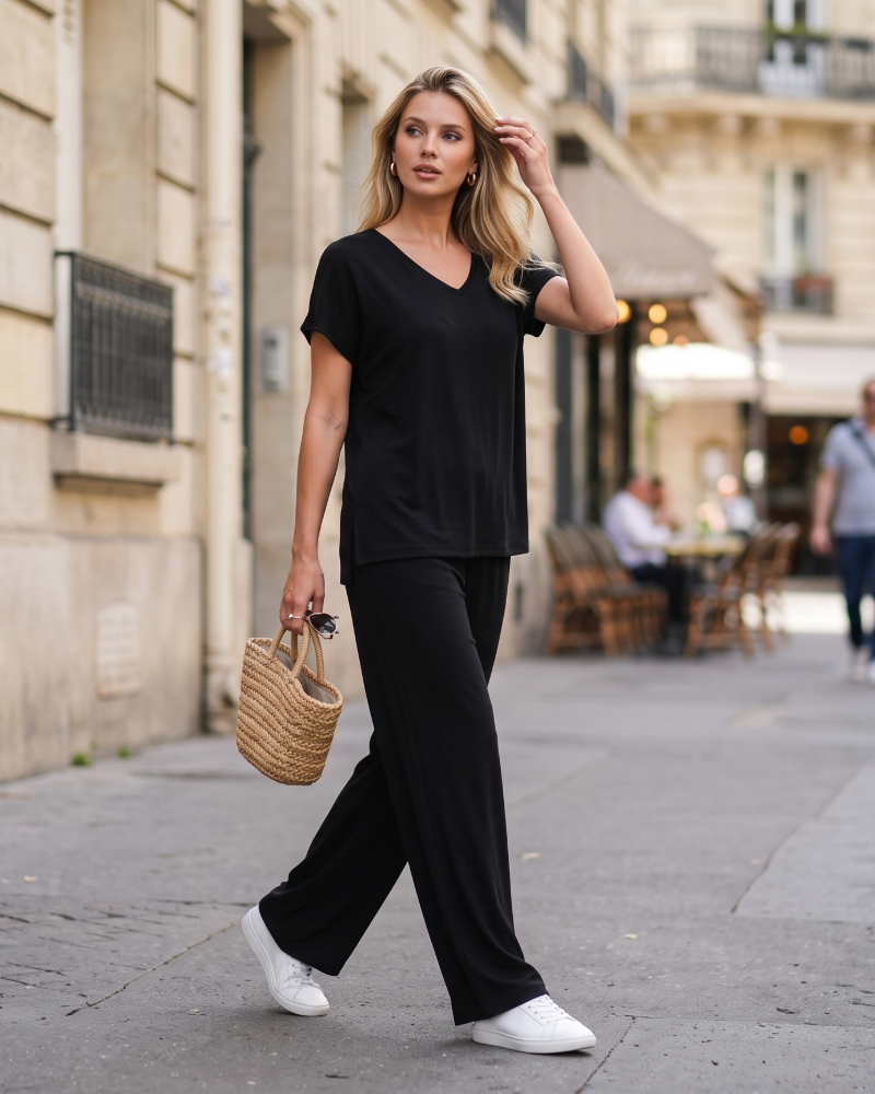 Gail Women's Lounge Set – V-Neck Short Sleeve Top & Wide Leg Pants Two-Piece Set