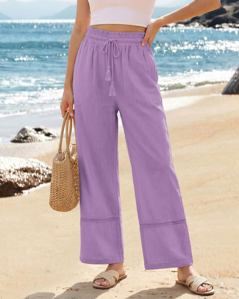 Beryl Women's Palazzo Pants – High Waist Drawstring Wide Leg Beach Trousers with Pockets