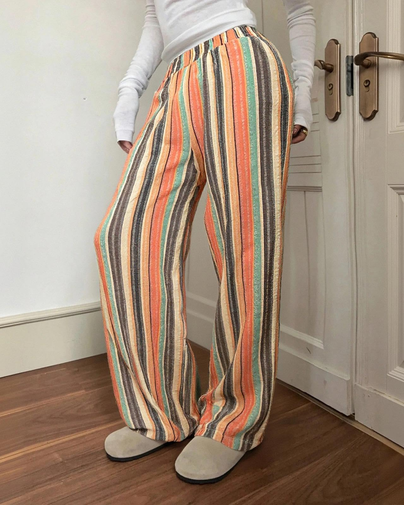 Beverly Women's Linen Wide Leg Pants – Striped Elastic Waist Trousers with Pockets