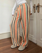 Beverly Women's Linen Wide Leg Pants – Striped Elastic Waist Trousers with Pockets