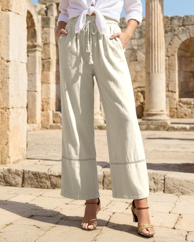 Beryl Women's Palazzo Pants – High Waist Drawstring Wide Leg Beach Trousers with Pockets