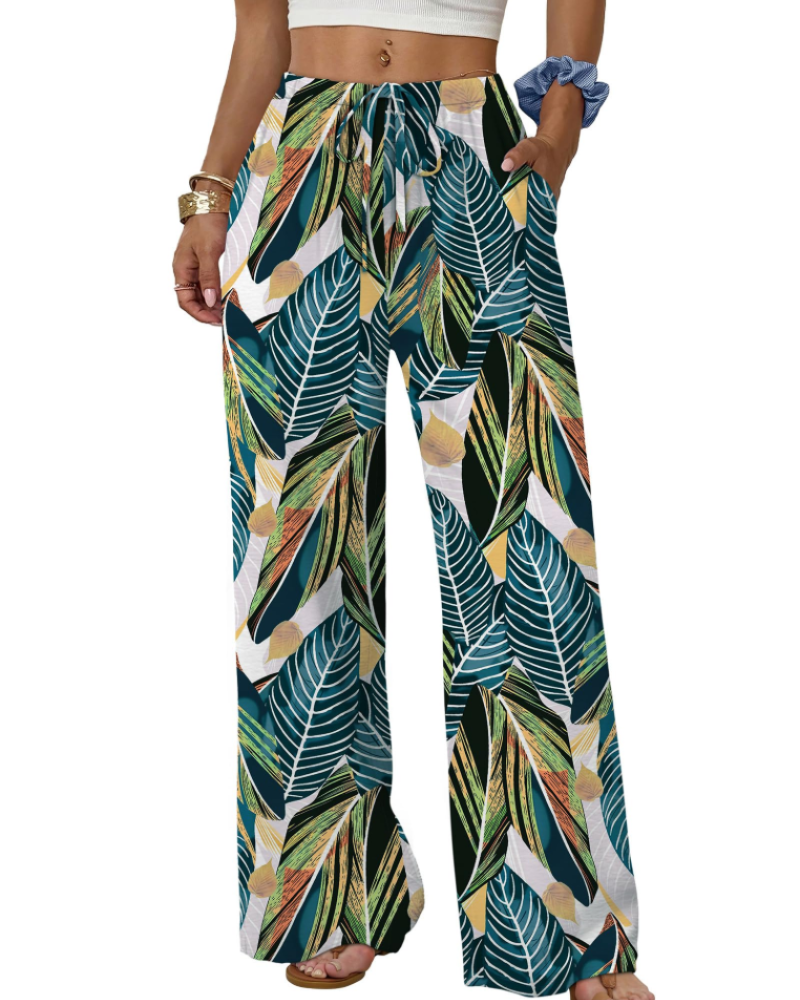 Sophia Women's Wide Leg Palazzo Pants – Flowy Drawstring Summer Trousers with Pockets