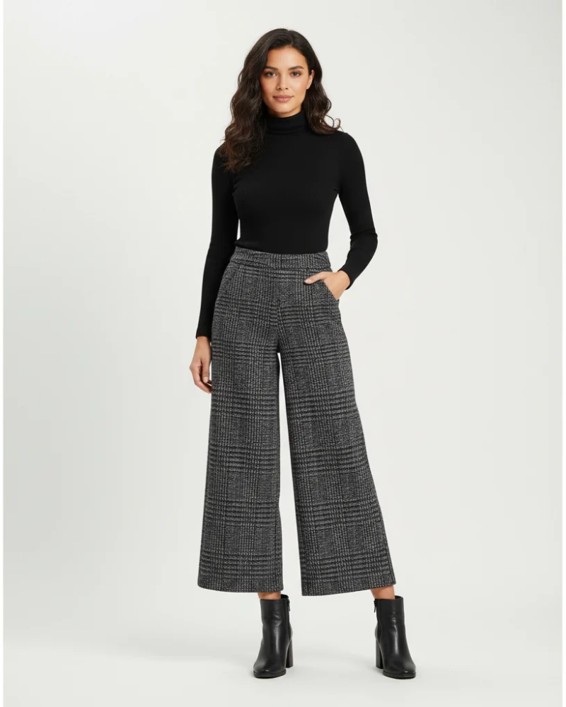 Millicent Women's Wide Leg Trousers – High Waist Checked Smart Casual Trousers