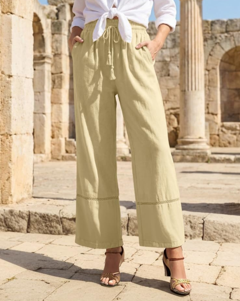Beryl Women's Palazzo Pants – High Waist Drawstring Wide Leg Beach Trousers with Pockets