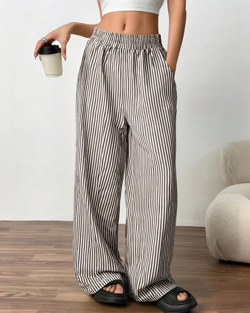 Beverly Women's Linen Wide Leg Pants – Striped Elastic Waist Trousers with Pockets