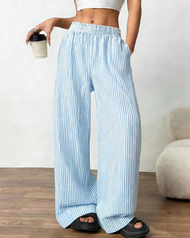 Beverly Women's Linen Wide Leg Pants – Striped Elastic Waist Trousers with Pockets