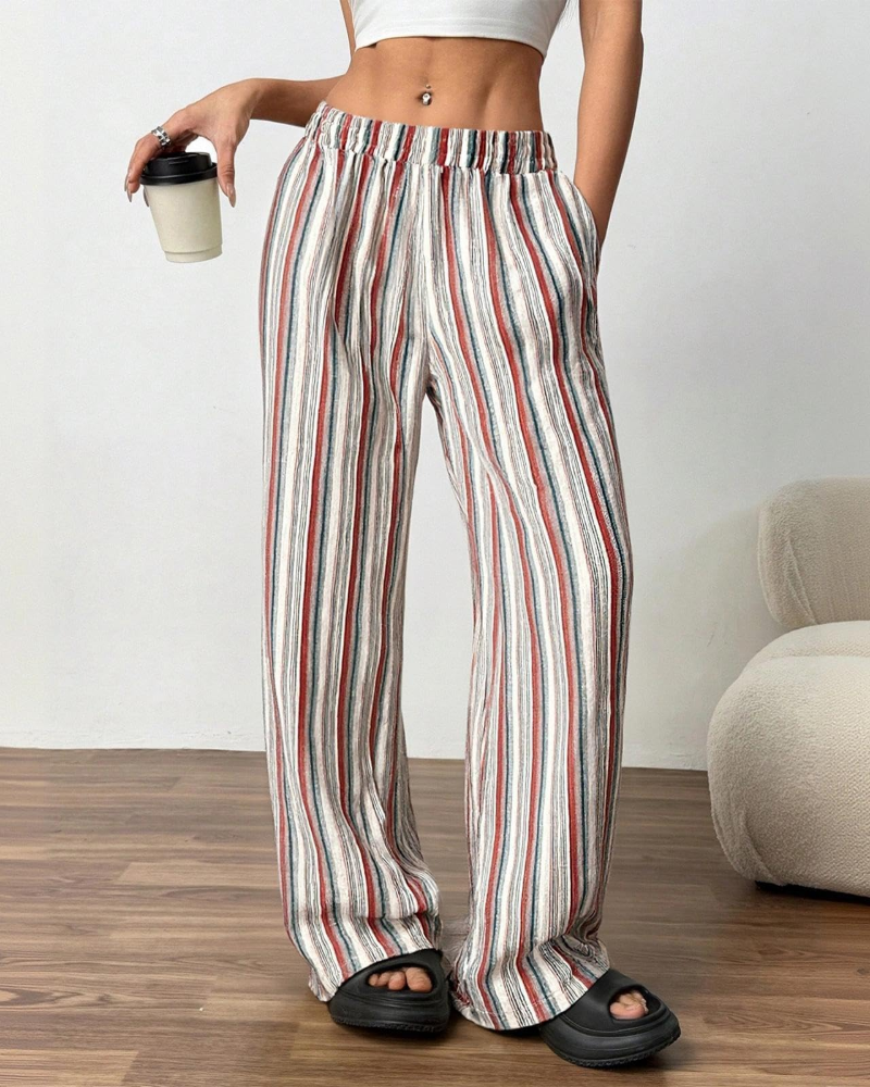 Beverly Women's Linen Wide Leg Pants – Striped Elastic Waist Trousers with Pockets