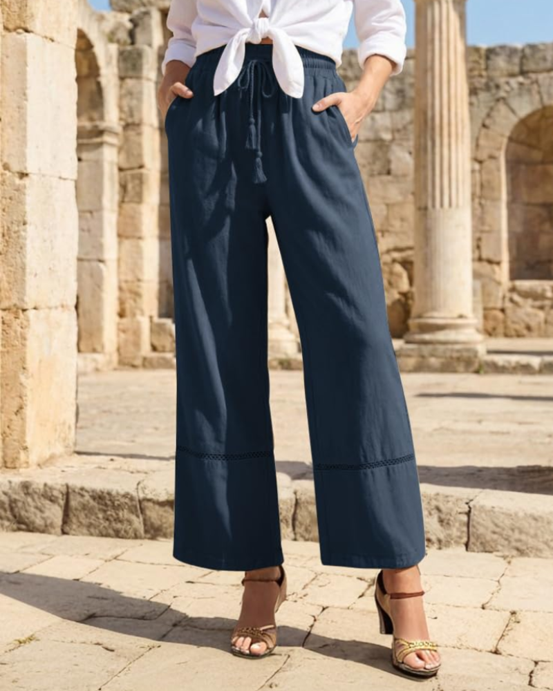 Beryl Women's Palazzo Pants – High Waist Drawstring Wide Leg Beach Trousers with Pockets