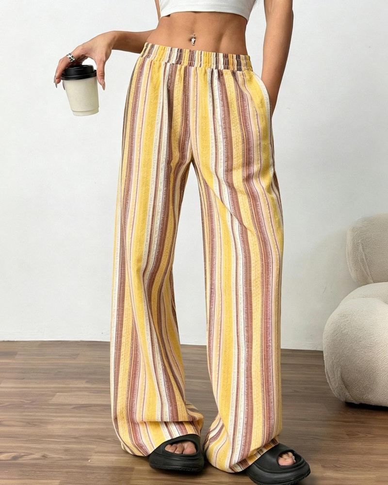 Beverly Women's Linen Wide Leg Pants – Striped Elastic Waist Trousers with Pockets