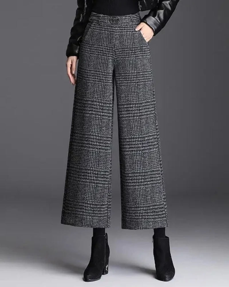 Millicent Women's Wide Leg Trousers – High Waist Checked Smart Casual Trousers