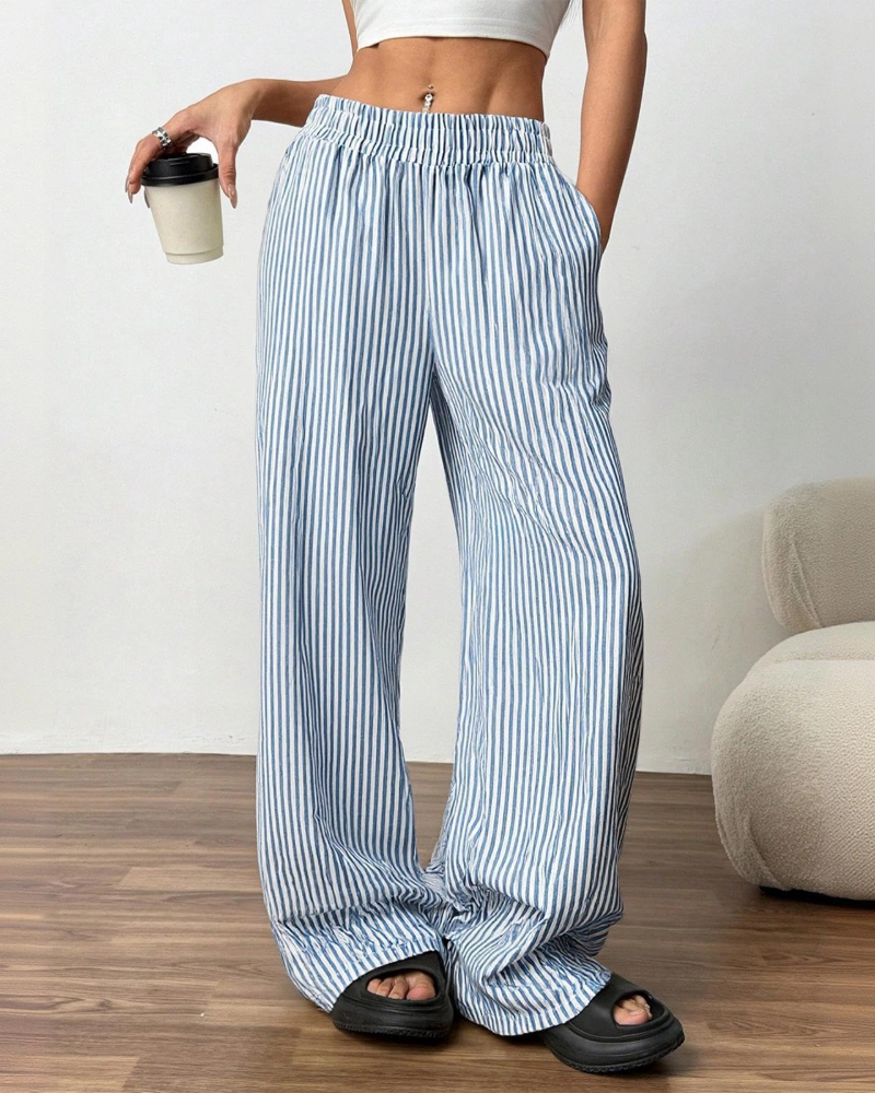 Beverly Women's Linen Wide Leg Pants – Striped Elastic Waist Trousers with Pockets