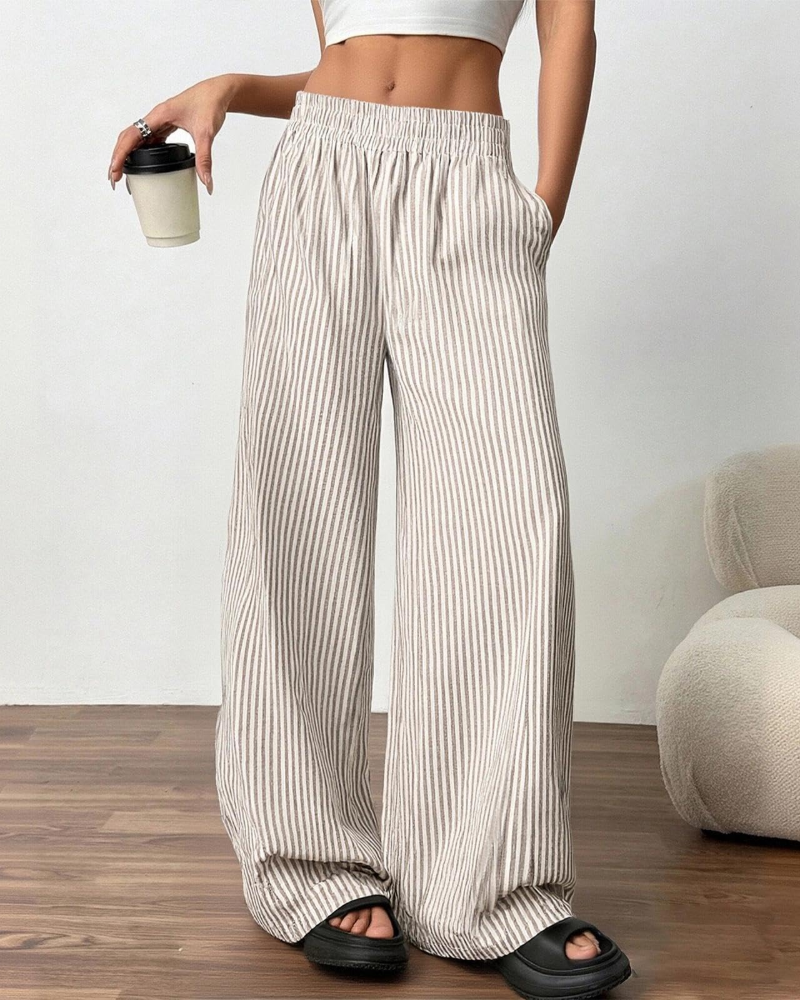 Beverly Women's Linen Wide Leg Pants – Striped Elastic Waist Trousers with Pockets