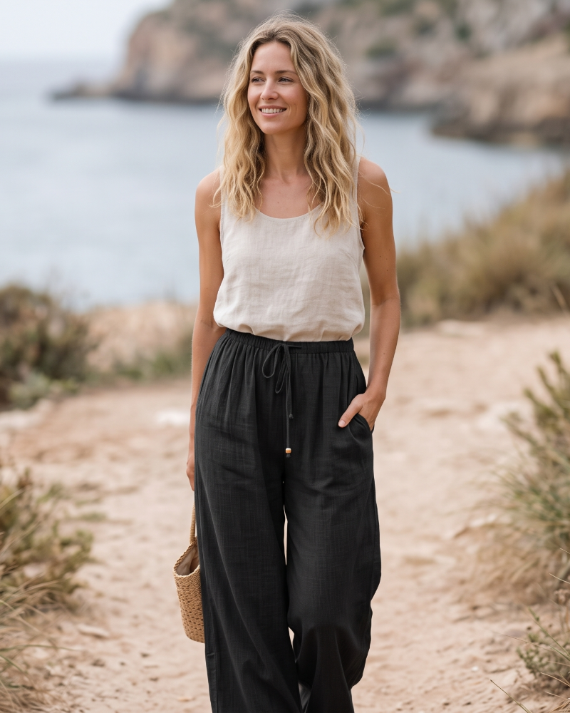 Eleanor Women's Cotton Linen Palazzo Pants – Wide Leg Summer Trousers with Pockets