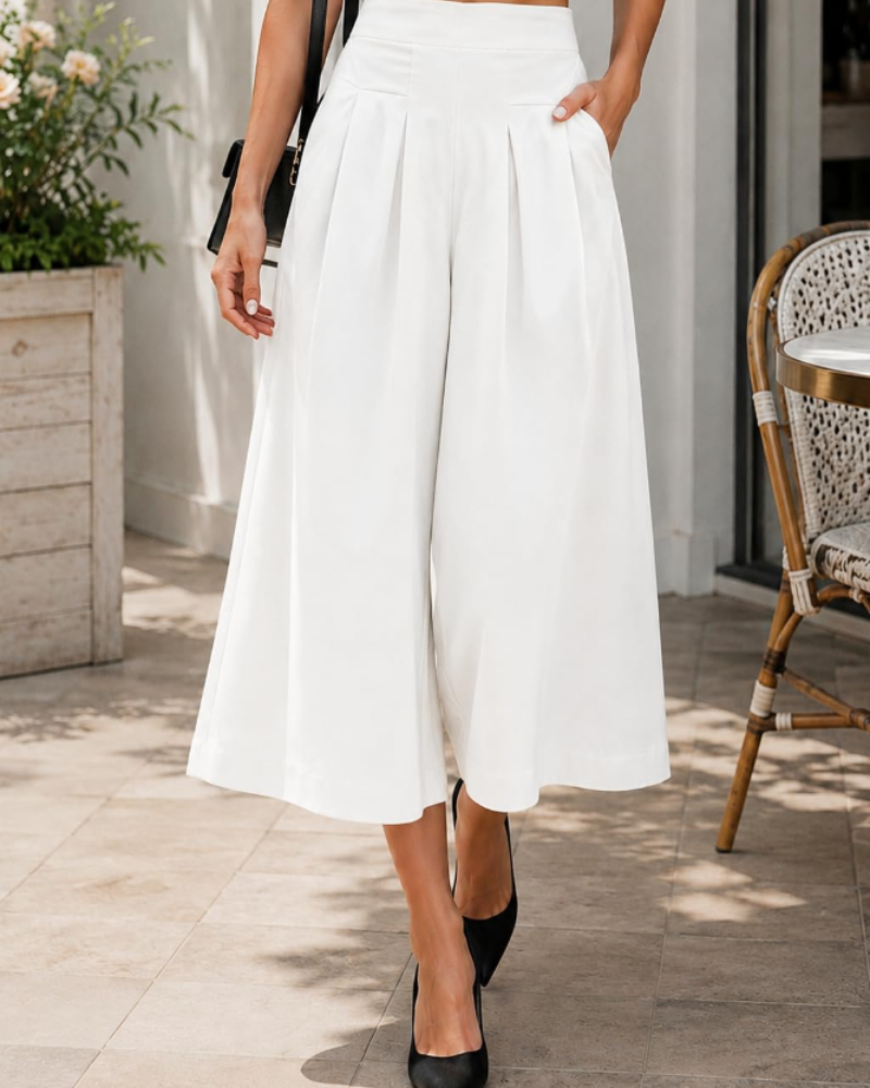 Caroline Women's Wide Leg Capri Pants – High Waist Linen Blend Trousers with Pockets