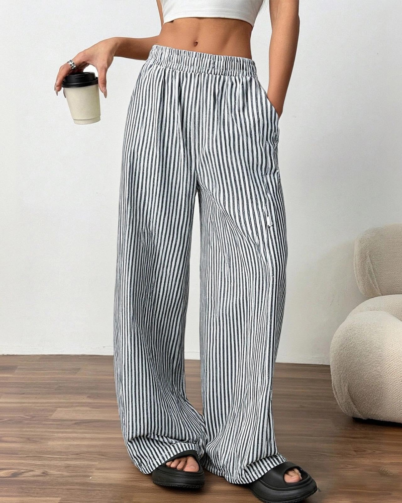 Beverly Women's Linen Wide Leg Pants – Striped Elastic Waist Trousers with Pockets