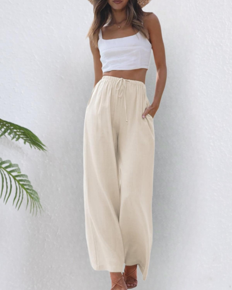 Billie Women's Linen Palazzo Pants – Wide Leg Cotton Linen Trousers with Pockets