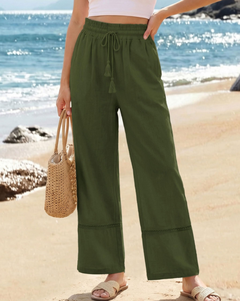 Beryl Women's Palazzo Pants – High Waist Drawstring Wide Leg Beach Trousers with Pockets