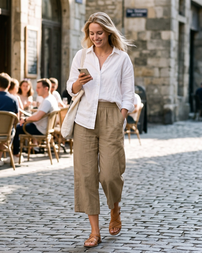 Claire Women’s Cotton Trousers – Breathable Wide Leg Summer Trousers with Elastic Waist & Pockets