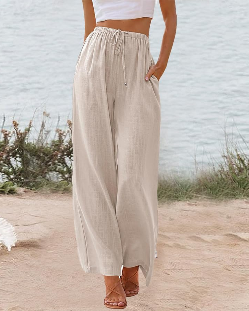Eleanor Women's Cotton Linen Palazzo Pants – Wide Leg Summer Trousers with Pockets