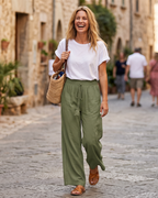 Bianca Women’s Linen Wide Leg Pants – Elastic Waist Summer Trousers with Pockets