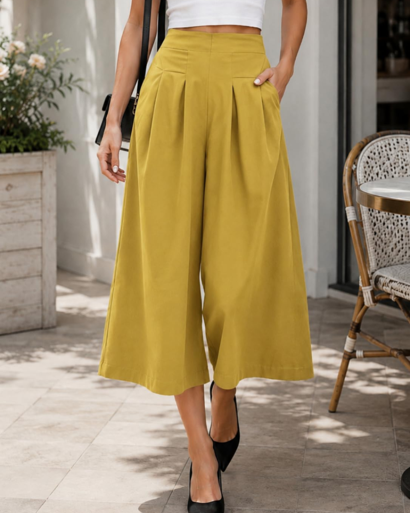Caroline Women's Wide Leg Capri Pants – High Waist Linen Blend Trousers with Pockets