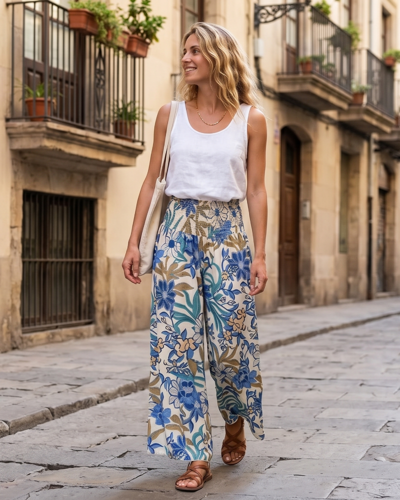 Bernadette Women's Boho Floral Pants – High Waist Wide Leg Vintage Trousers Loose Fit