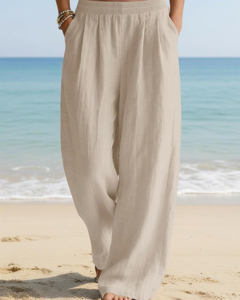 Audrey Women's Palazzo Pants – High Waist Cotton Linen Wide Leg Trousers with Pockets